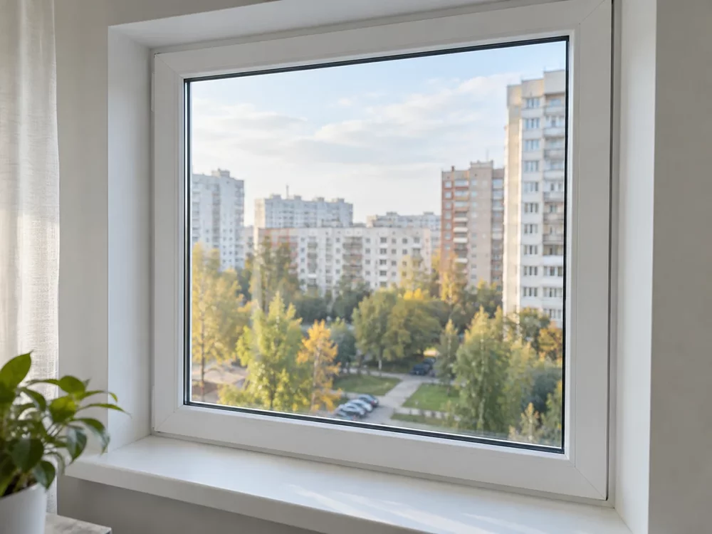 Белый пластиковый штапик вдоль внутренней кромки стеклопакета